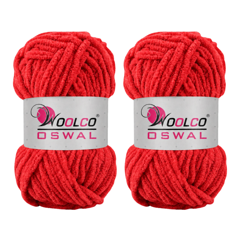 Woolco Oswal Yankie Chenille Supersoft Velvet Yarn – Pack of 2 (100g Each), Plushie & Blankie Yarn for Crochet, Knitting, Amigurumi & DIY Crafts (RED)