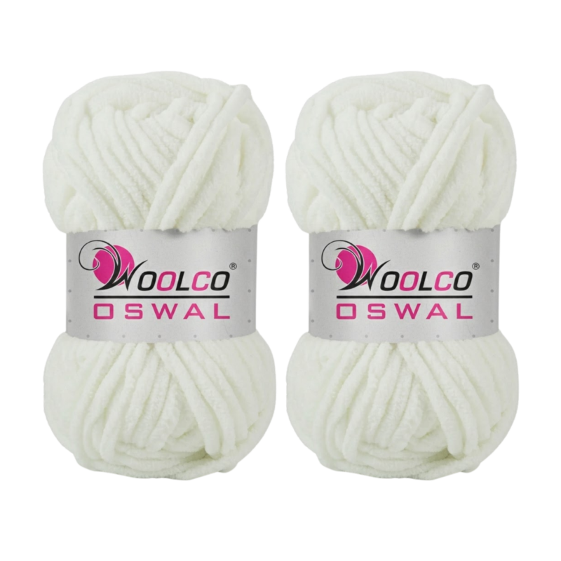 Woolco Oswal Yankie Chenille Supersoft Velvet Yarn – Pack of 2 (100g Each), Plushie & Blankie Yarn for Crochet, Knitting, Amigurumi & DIY Crafts (WHITE)