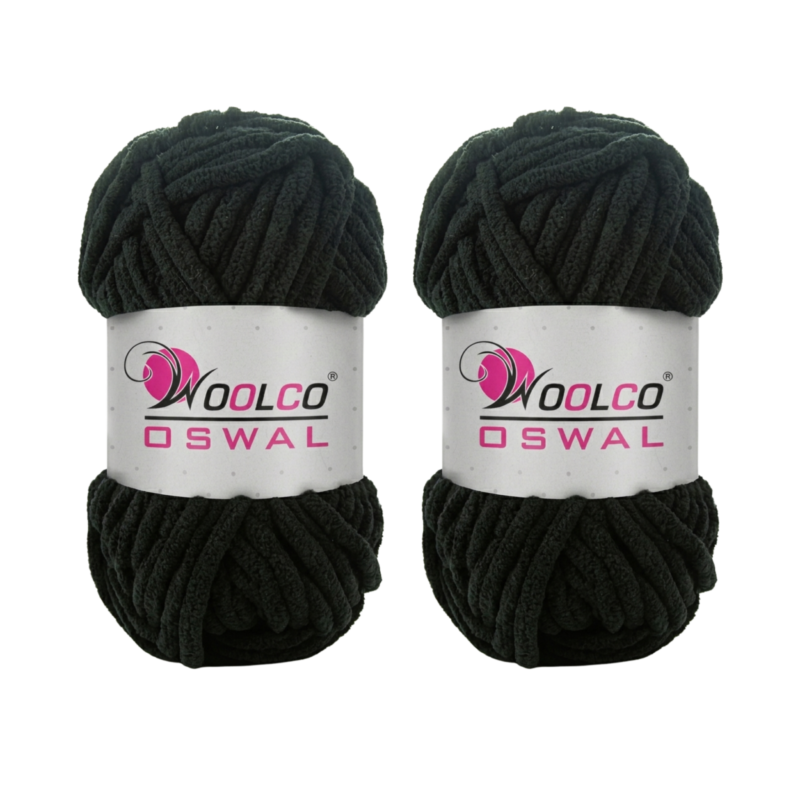 Woolco Oswal Yankie Chenille Supersoft Velvet Yarn – Pack of 2 (100g Each), Plushie & Blankie Yarn for Crochet, Knitting, Amigurumi & DIY Crafts (BLACK)